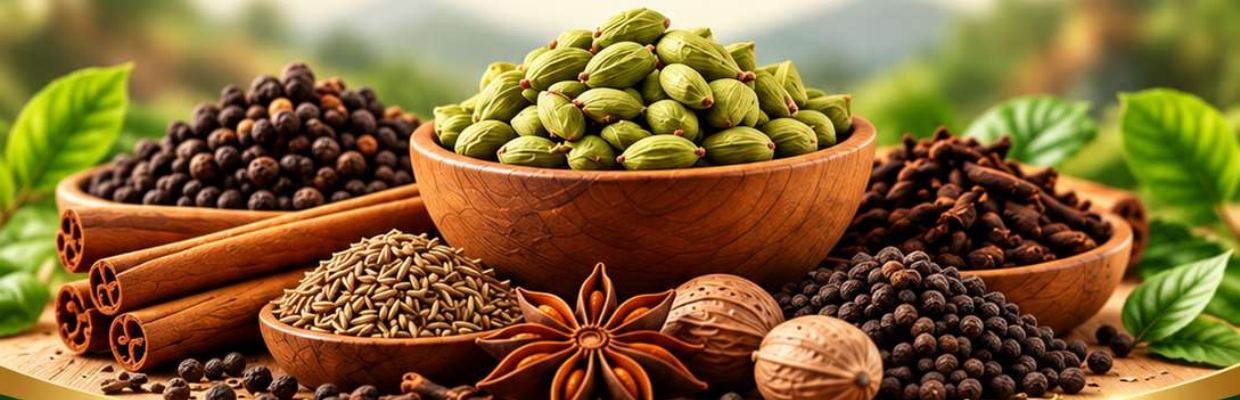 Whole spices – cardamom, black pepper, cloves, cinnamon, star anise and nutmeg – from SSV Agro Products, Coimbatore